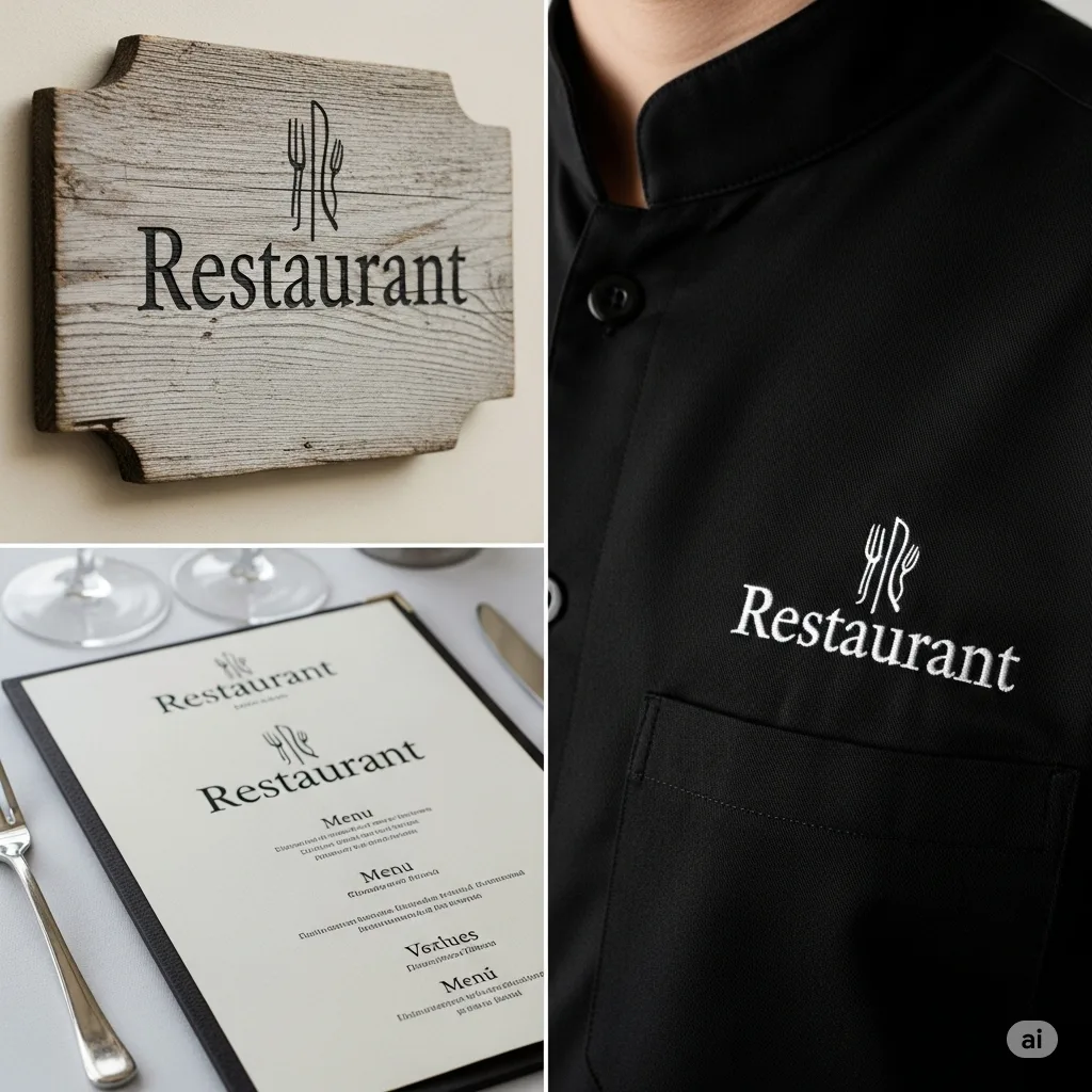 Ví dụ về thiết kế logo nhà hàng chuyên nghiệp được ứng dụng đồng bộ trên các ấn phẩm thương hiệu.