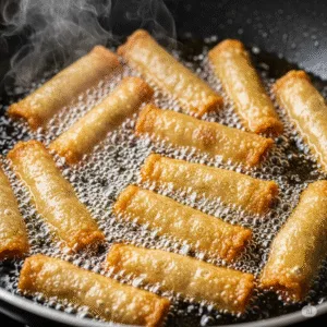 Chiên nem chua rán ngập dầu để đạt độ giòn tan