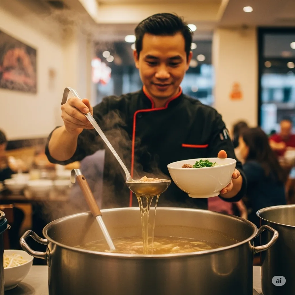 Nước dùng trong vắt là kết quả của công thức phở bò chuẩn.