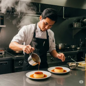 Hình ảnh đầu bếp làm món bánh Flan Caramel