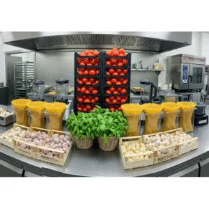 Hình nguyên liệu số lượng lớn làm mì ý chay sốt cà chua