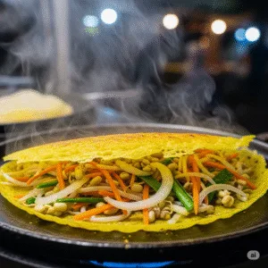 Ảnh chụp cận cảnh một chiếc bánh xèo chay Việt Nam